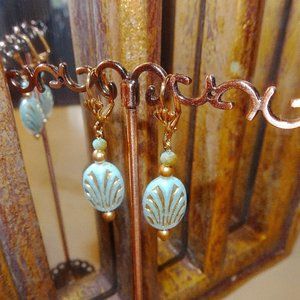 Earrings in aqua and gold art deco fan design